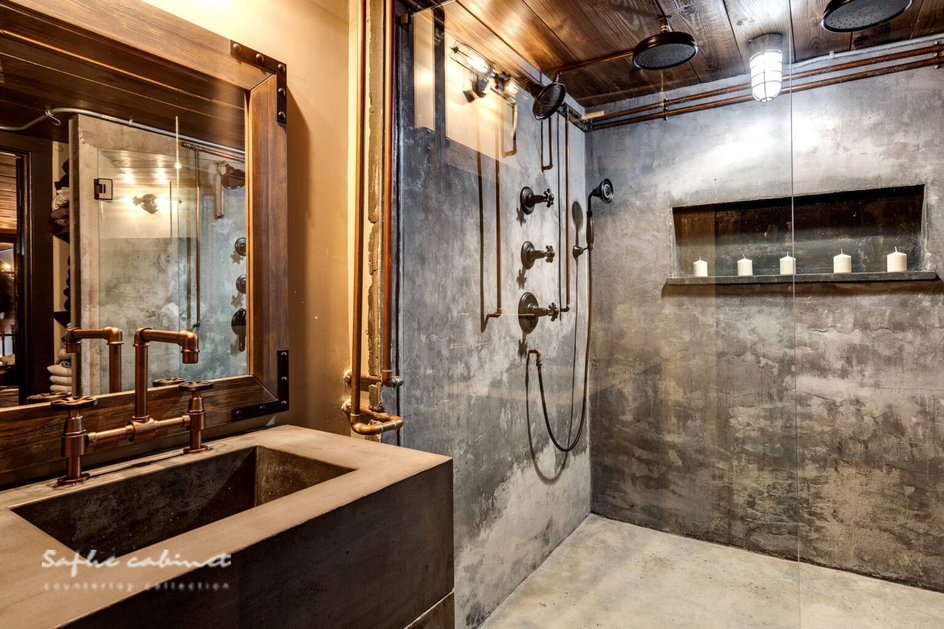 industrial bathroom with large concrete shower